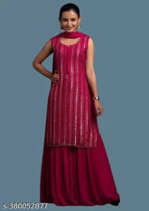 Fancy pink embroidered Georgette ethnic Sharara set with dupatta and bottomwear for women, sleeveless, embellished, trendy look, size S-XXL, made in India