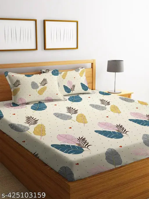 King-sized botanical print, superfine cotton fitted bedsheet with 2 pillow covers, fits 8 inch mattress (70 x 76 inches), ideal for summer