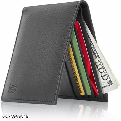 Leather men's wallet with 5 compartments, 3 pockets, 1 zip money holder, 4 car holders, and 1 photo holder - Solid brown color, handcrafted in India