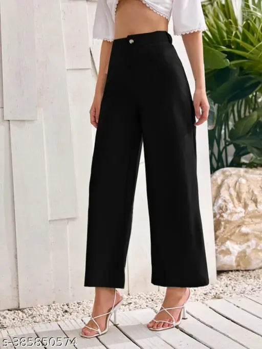 Cotton blend solid women's regular fit trousers, available in sizes 26, 28, 30, 32, 34, and 36 inches waist and length. Made in India