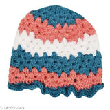 Striped woolen poncho & cap combo for girl kid (1-5 years). Handmade, crochet style, soft yarn, winter wear. Made in India