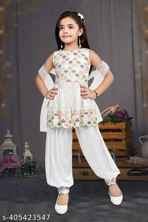 White Georgette Afghani Salwar and Kurti with dupatta, traditional Indian clothing for children ages 1-15