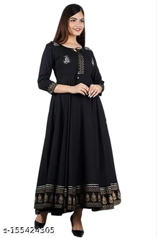 Black rayon anarkali kurta, three-quarter sleeve, solid combo design for women. Close-up of embroidered detail on HortonMart trending style