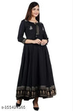 Black rayon anarkali kurta, three-quarter sleeve, solid combo design for women. Close-up of embroidered detail on HortonMart trending style