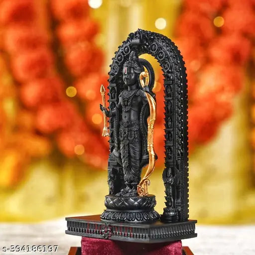 Black resin Ram Lalla statue (6 inches), intricately crafted Hindu idol for Puja showpiece, symbolizing devotion and spirituality