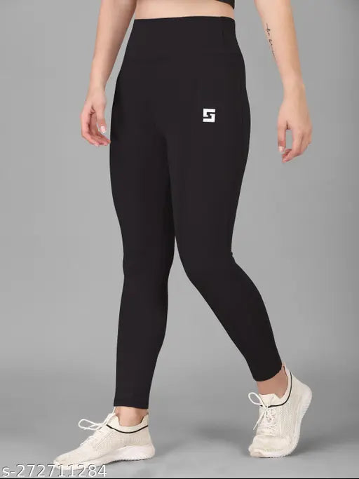 Black colorblocked women's tights for activewear, gymwear, sportswear - size 28/30/32/34/36/38 - made in India, comfortable and flexible