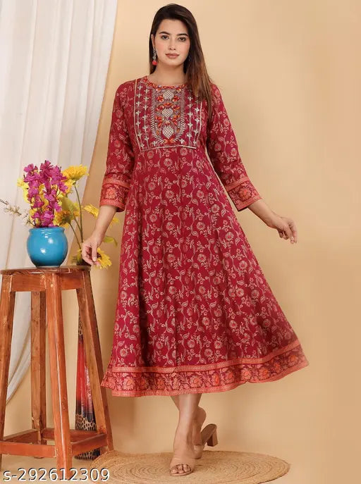 Women's stylish wine-printed Rayon Anarkali Gown with embroidery, three-quarter sleeves, A-line calf length - Indian ethnic wear