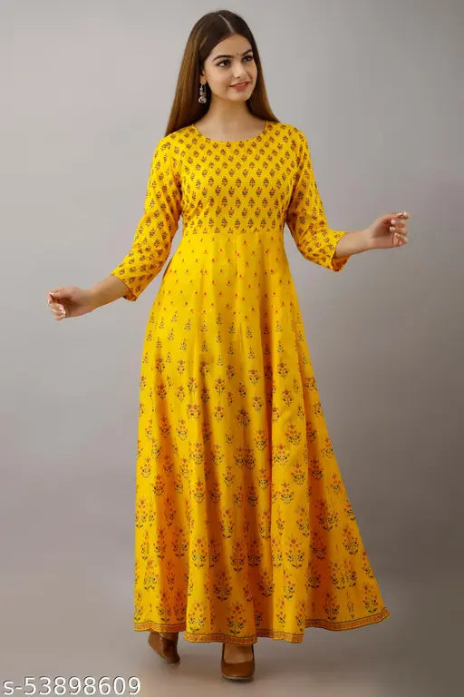 Yellow rayon anarkali kurti with Jaipurite printed combo, three-quarter sleeves