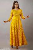 Yellow rayon anarkali kurti with Jaipurite printed combo, three-quarter sleeves