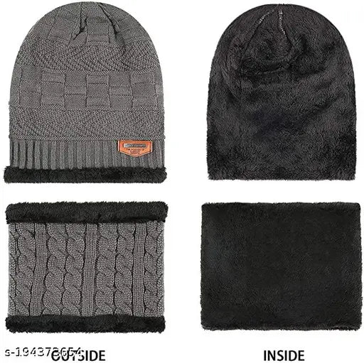 Woolen beanie cap and muffler scarf set in solid colors, warm and snowproof for men & women. Acrylic, fur, and wool material, ideal for outdoor activities at 20 degrees temperature