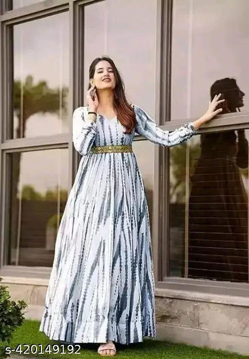 White long sleeves Georgette print gown for women, elegant Western design with hand wash care