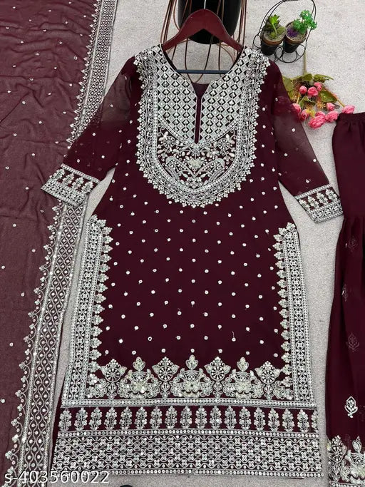 Heavy embroidered sequence work Top-Sharara & Dupatta set in Georgette, fully stitched, ready to wear (SSR-449). Embroidered net with side lace border on dupatta." (124 characters)