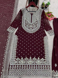 Heavy embroidered sequence work Top-Sharara & Dupatta set in Georgette, fully stitched, ready to wear (SSR-449). Embroidered net with side lace border on dupatta." (124 characters)