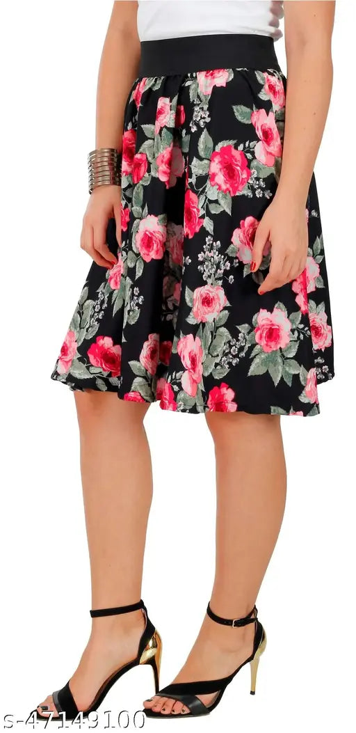 Multicolor crepe printed net women's knee-length Western skirt, Polyester fabric, Grace Diva brand, sizes available from 26 to 36