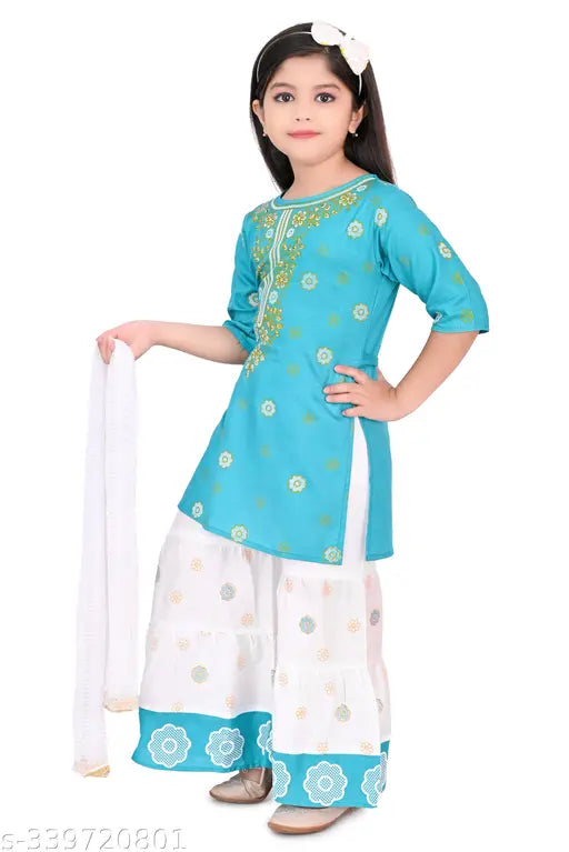 Gold Print Rayon Kurta Sahrara Set with Dupatta, Indian ethnic wear for kids aged 2-6 years in four sizes: 2-3, 3-4, 4-5, 5-6. Comfortable and rich fabric for casual or formal occasions
