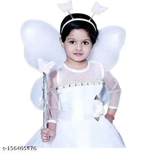 White embellished net full-sleeve party dress for girls, featuring fairy wings and headbands, ideal for years 1-8