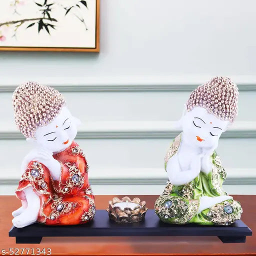 Baby Buddha idols resin figurines set, two 31cm x 11cm x 20cm size for home decor with wooden tray and T light holders