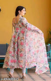 Georgette printed gown with dupatta set, women's party wear in floral digital print with pearl border