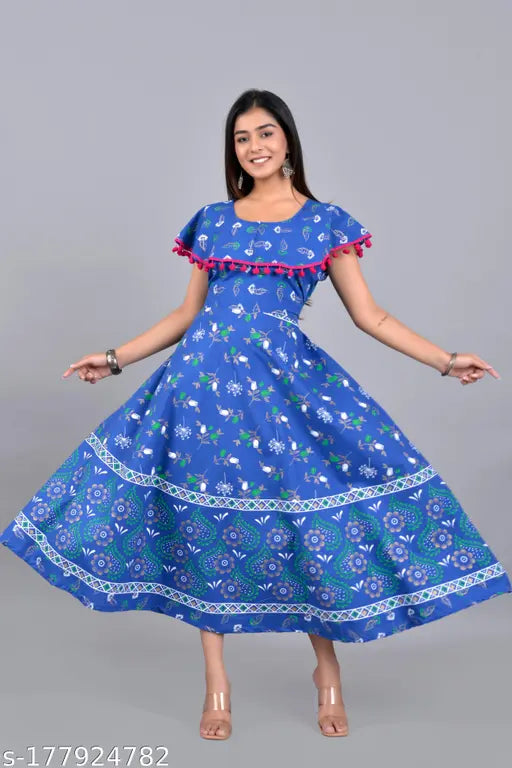 Women's Jaipuri cotton printed kurti, vibrant print on free size (44 in bust, 49 in length), short sleeves, round neck, pom pom trim, hand-stitched from India