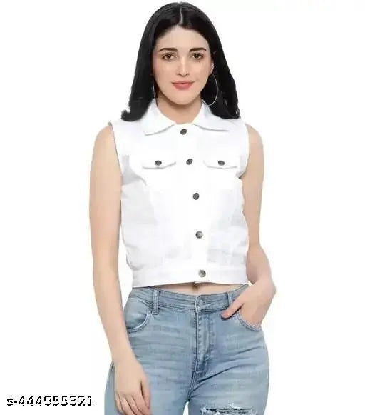 White denim sleeveless collar neck women's regular jacket, solid denim, India origin