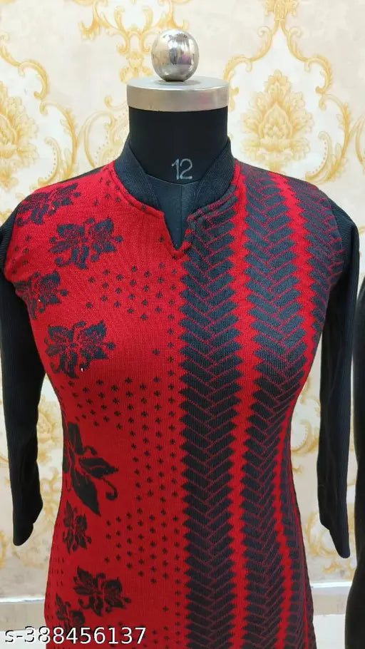 Trending red black wool kurti, printed combo, long sleeves, S (36in bust, 40in length), M (38in bust, 42in length)