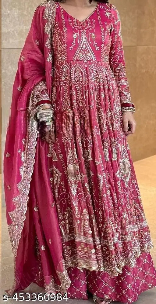 Designer chiffon party gown with sharara collection, heavy embroidery work, and matching dupatta, pure heavy Chinnon silk from India