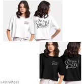 Women's cotton blend printed crop top set for daily wear, short sleeves, round neck, soft & durable, S/M/L/XL sizes