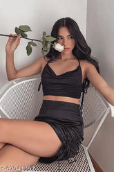 Satin ruched top and skirt, luxurious satin set for women's fashion, sleeveless mini skirt and blouse