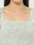 Green polyester smocking print jumpsuit for women, casual and breathable vacation wear