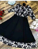 Black crepe Anarkali Kurti, printed combo, three-quarter sleeves for women's festive wear, India origin