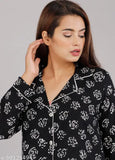 Hand-blocked viscose rayon nightsuit with long sleeves, printed pattern, and Indian origin