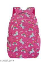 Ribbed pink polyester school backpack for kids class 1-8, features flying unicorn design