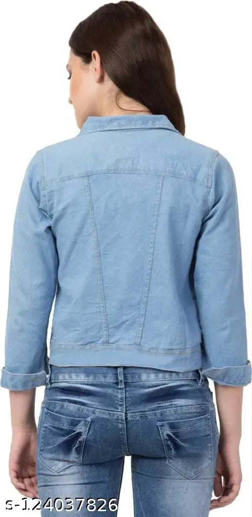 Saman Fashion women's denim jacket, solid pattern, three-quarter sleeves, XS (38in bust, 17in length), versatile for casual or formal events, India origin