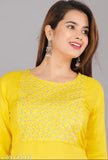 Yellow rayon straight embroidered kurta with three-quarter sleeves, intricate Indian craftsmanship. Model wears size M (38in bust, 42in length)