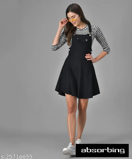 Women's black cotton blend dungaree with three-quarter sleeves, solid pattern in size S (waist 28, length 36) or M (waist 30, length 37), made in India