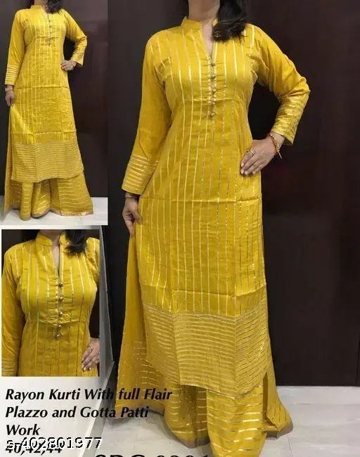 Yellow rayon kurta with palazzos, three-quarter sleeves, printed net pattern, India origin