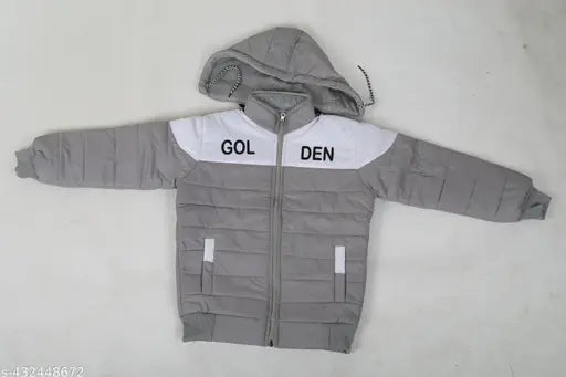 Kid's colorblocked polyester jacket, grey with printed net pattern, comfortable and long sleeved, size 2-3 years from N.S Garments, made in India (length: 18 inches, chest: 23 inches, waist: 25 inches)