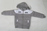 Kid's colorblocked polyester jacket, grey with printed net pattern, comfortable and long sleeved, size 2-3 years from N.S Garments, made in India (length: 18 inches, chest: 23 inches, waist: 25 inches)