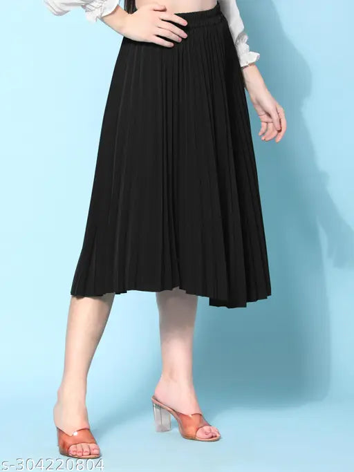 Black crepe pleated midi skirt, trendy hit by LN Fashion, elastic waistband for comfort and slimming effect, perfect length for Indian women