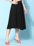 Black crepe pleated midi skirt, trendy hit by LN Fashion, elastic waistband for comfort and slimming effect, perfect length for Indian women
