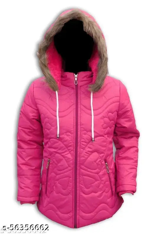 Girls pink polyester embroidered net jacket & coat, detachable hood, fluffy stuffed, soft glacier lining, sizes 3-4 years to 10-11 years (Indian origin)