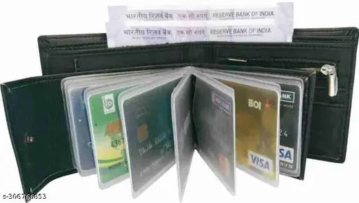TAQWA Black Faux Leather Wallet for Men - 8 Card Slots, 5 compartments, free size (12cm x 5cm)