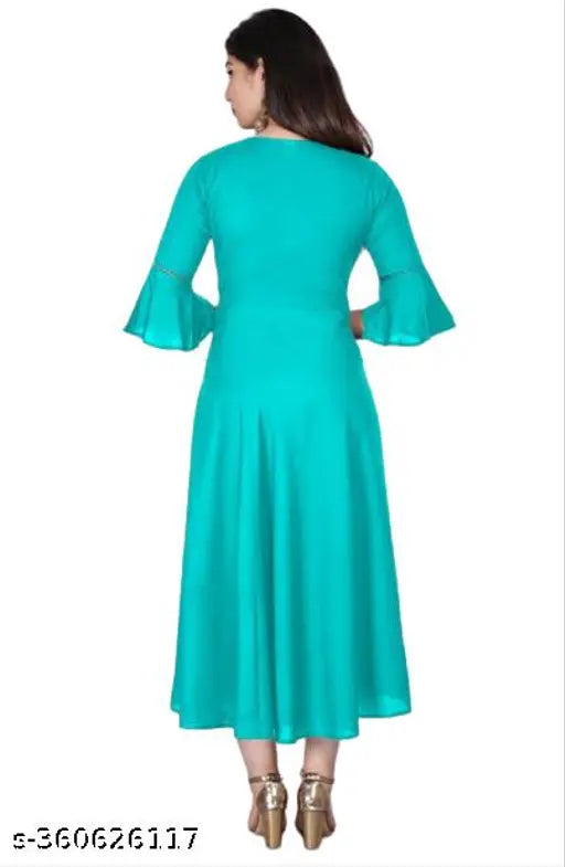 Women's solid round flared bell sleeves kurti in rayon, three-quarter sleeve length, single color, available in various sizes from XS to XXXL. Hand wash or machine wash, suitable for casual and formal occasions