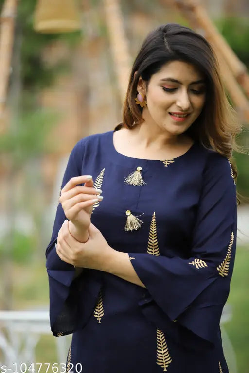 Rayon navy blue color gold print kurti-sharara set, women's three-quarter sleeves, Indian craftsmanship