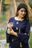 Rayon navy blue color gold print kurti-sharara set, women's three-quarter sleeves, Indian craftsmanship