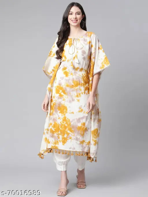 Mustard tie-dye cotton kaftan kurtis, three-quarter sleeve, India-made, Indibelle brand