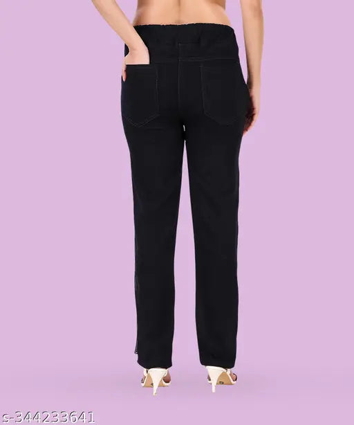 Black stretchable denim flared jogger jeans for women, mid-rise and baggy style, available in sizes XL to 4XL, including shades of black, blue, light blue, and dark blue. Made in India, offering high-quality, anti-shrink fabric at an affordable price