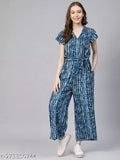 Tiedye blue women's rayon jumpsuit, printed net pattern, short sleeves, ankle length - latest design, ideal for parties or college events, made in India