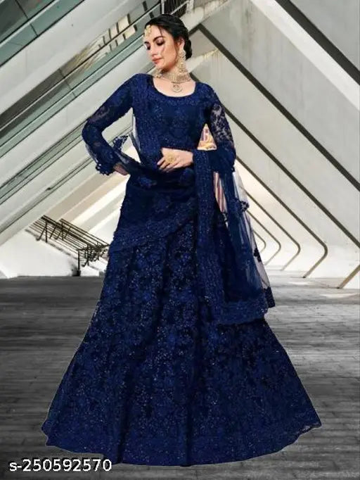 Net Designer Lehenga: Indian embroidered lehenga for girls, free size, 42m waist, 44m length