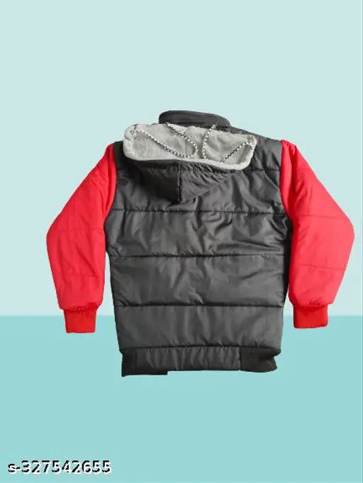 Boys Red/Black Polyster Trandy Jacket for boys. 100% Polyester, perfect winterwear with colorblocked pattern and safe silicone zipper pull. Comfortable for sensitive skin, suitable for various outings. Made in India